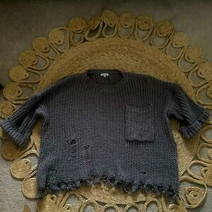 White Birch grey distressed short sleeve knit sweater.